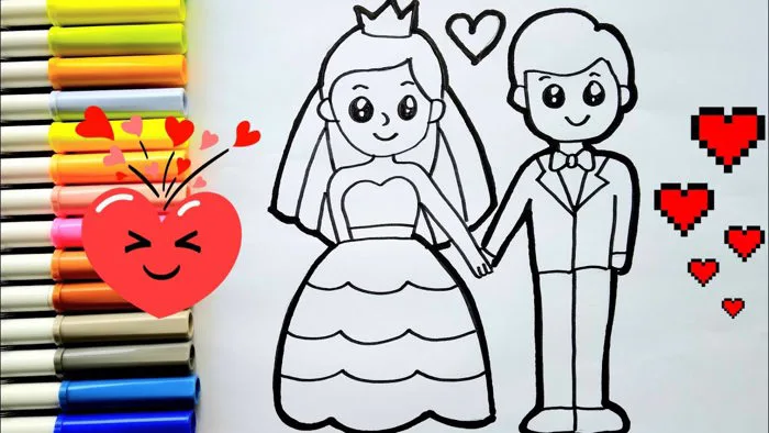 VẼ VÀ TÔ MÀU TRANH CÔ DÂU VÀ CHÚ RỂ DỄ THƯƠNG / Drawing And Coloring Cute  Bride and Groom For Kids