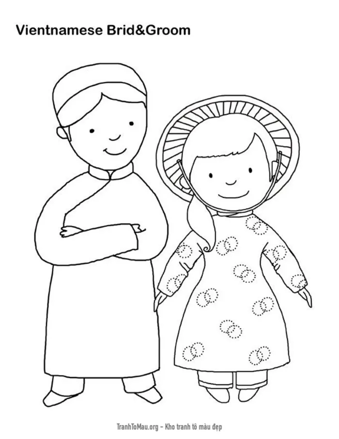 Tải tranh tô màu Cô Dau và Chú Rể Trong Bộ Áo Dài