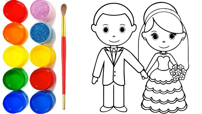 Vẽ và tô màu Cô dâu Chú rể Xinh đẹp Dễ thương |Glitter Bride and Groom  Drawing and Coloring for kids
