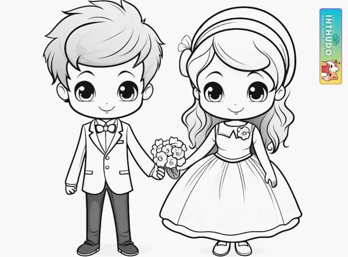 Hình cô dâu chú rể chibi cute dễ vẽ - Hướng dẫn tô màu