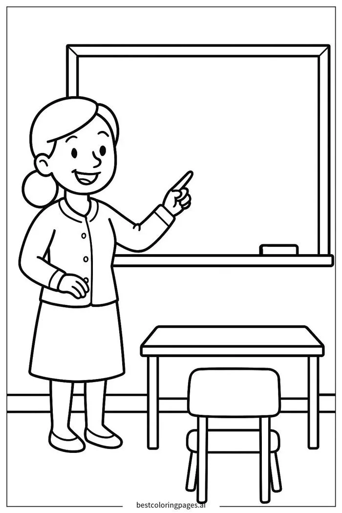 Cô giáo chỉ vào bảng đen Trang tô màu - In miễn phí | BestColoringPages AI