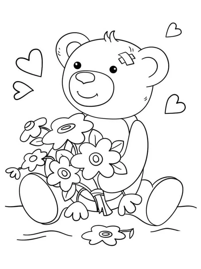 Tô màu Gấu Teddy và Hoa - Trang Tô Màu Cho Bé