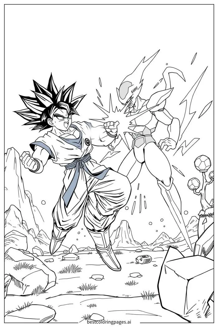 Goku chiến đấu với Frieza trên hành tinh Namek Trang tô màu - In miễn phí |  BestColoringPages AI