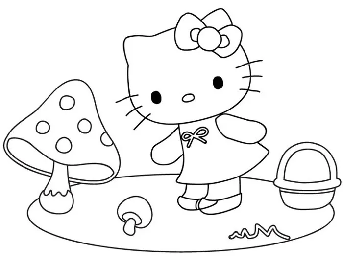 Tranh tô màu mèo hello kitty và cây nấm nhỏ « in trực tiếp, có tô màu online