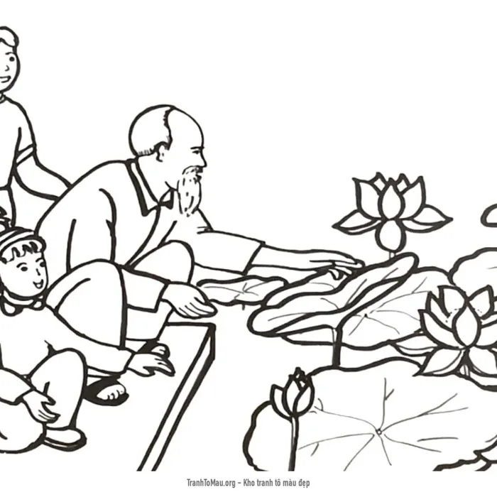 tranh tô màu Bác Hồ bên hồ sen