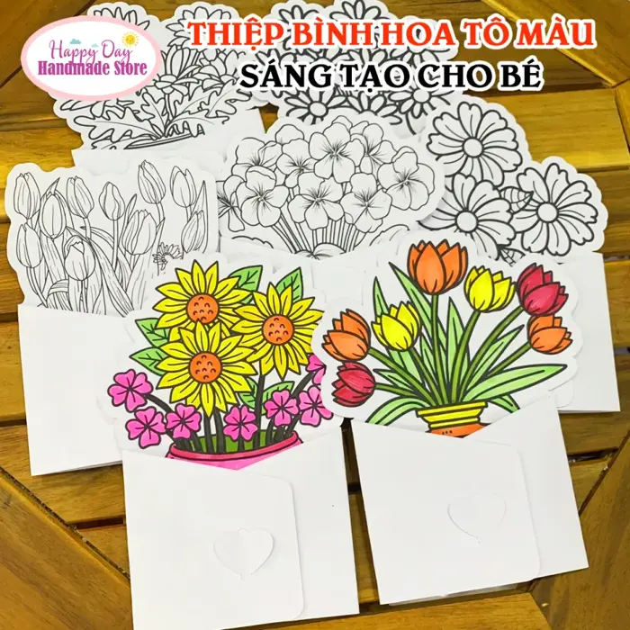 Thiệp Bình Hoa Tô Màu Cắt Sẵn Cho Bé - Tô Màu Sáng Tạo - Thiệp hoa tặng  ngày nhà giáo Việt Nam 20/11, 20/10, 8/3, Ngày của Mẹ - Tranh Tô Màu Cho Bé