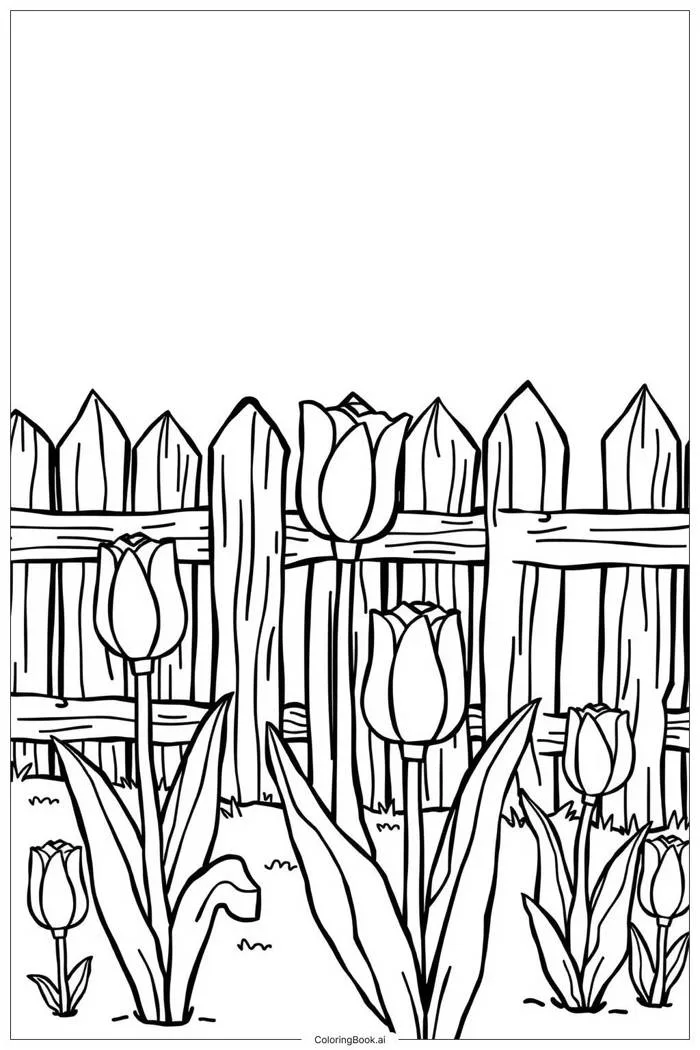 Trang Tô Màu Vườn Tulip với Hàng Rào Gỗ (Có thể In Miễn Phí dưới định dạng  PDF & PNG)