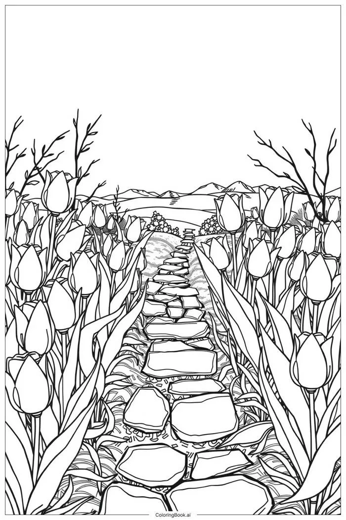 Trang Tô Màu Vườn Hoa Tulip với Đường Đá (Có thể In Miễn Phí dưới định dạng  PDF & PNG)