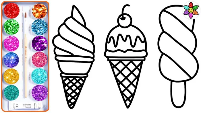Dạy bé vẽ và tô màu que kem nhiều màu sắc | Glitter Rainbow Ice cream  Coloring Pages For Kids