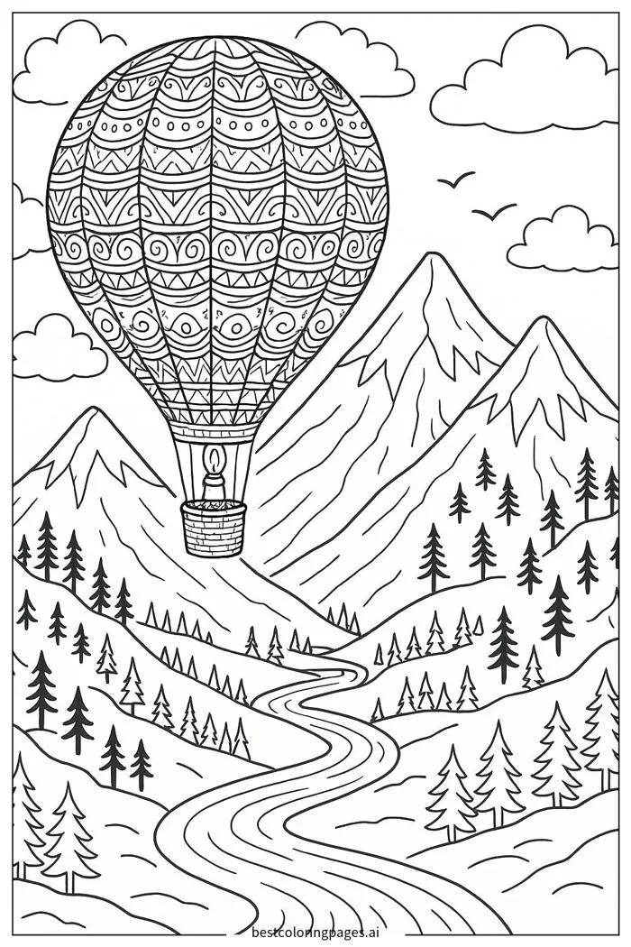 Khinh khí cầu bay lơ lửng trên núi Trang tô màu - In miễn phí |  BestColoringPages AI