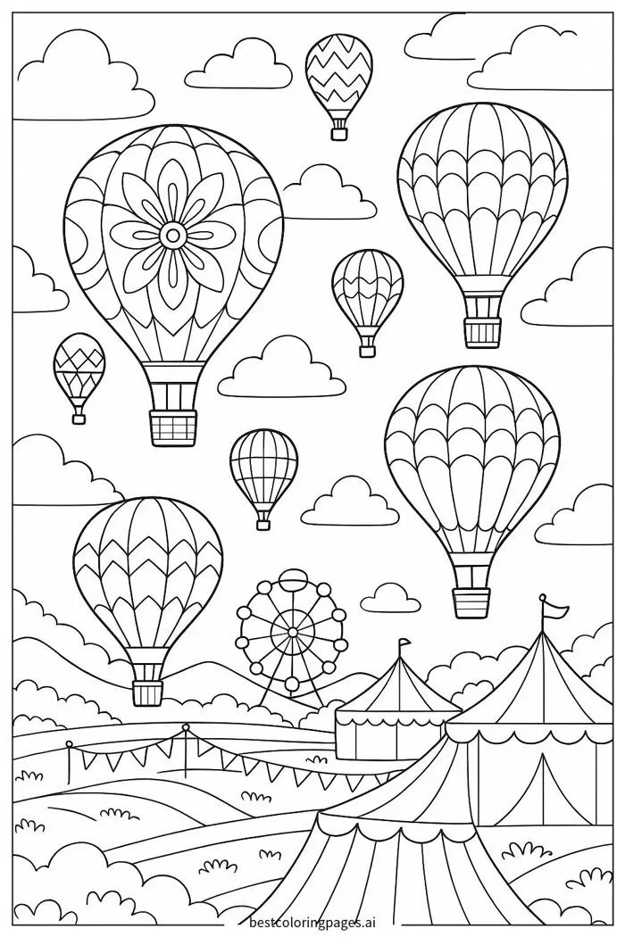 Lễ hội Khinh khí cầu Trang tô màu - In miễn phí | BestColoringPages AI