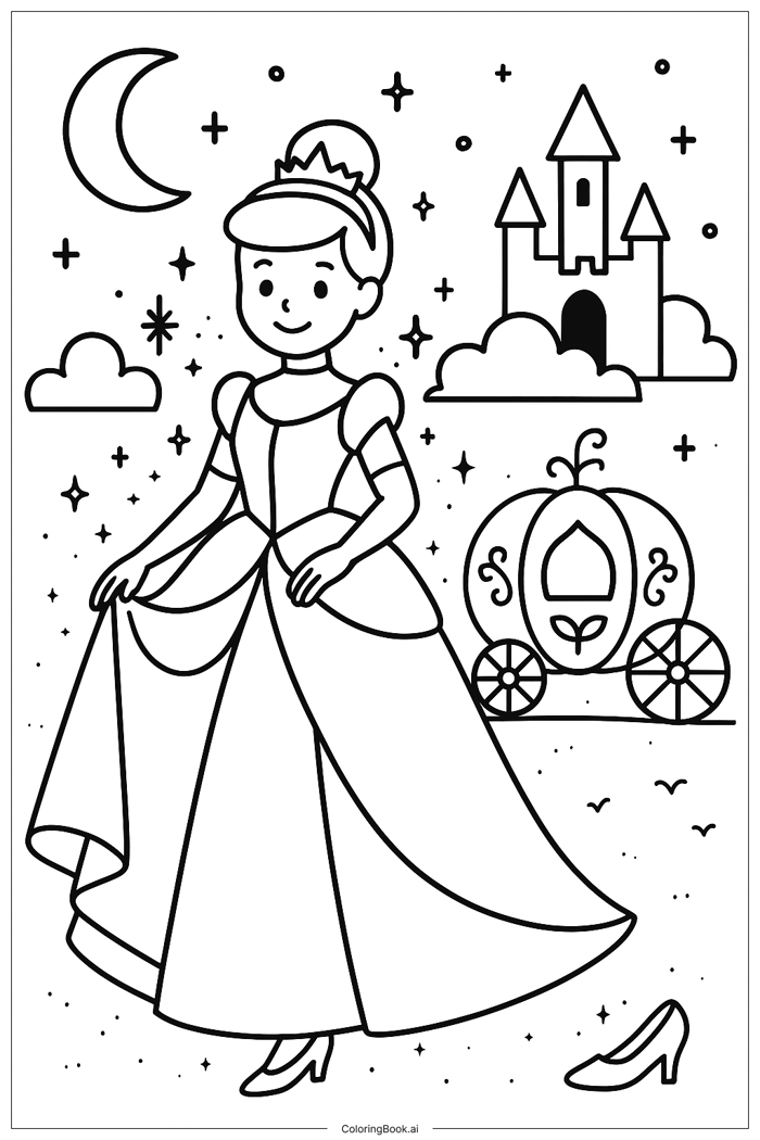 Trang Tô Màu Cô bé Lọ Lem Dưới Ánh Trăng (Có thể In Miễn Phí dưới định dạng  PDF & PNG)