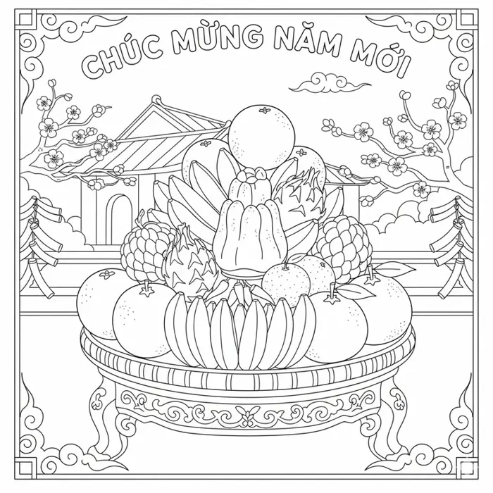 Bộ sưu tập tranh tô màu mâm ngũ quả ngày Tết cho bé sáng tạo