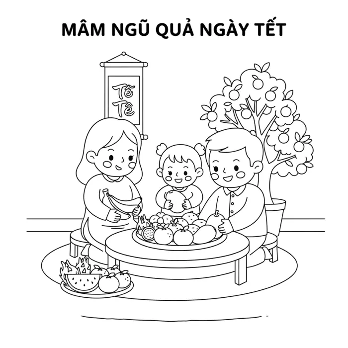 Bộ sưu tập tranh tô màu mâm ngũ quả ngày Tết cho bé sáng tạo