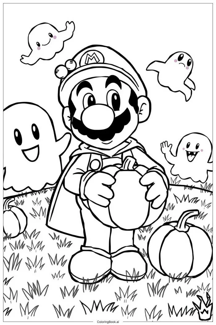 Trang Tô Màu Mario trong một cảnh Halloween với ma và bí ngô (Có thể In  Miễn Phí dưới định dạng PDF & PNG)
