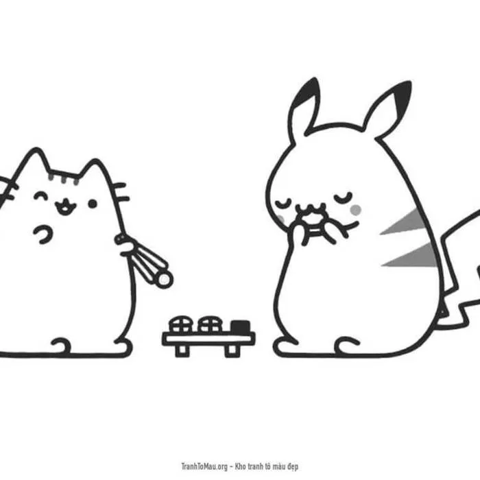 Tải tranh tô màu Mèo Pusheen và Pikachu
