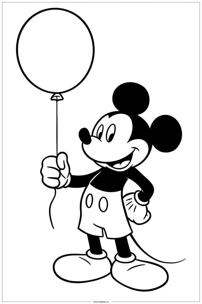 Trang Tô Màu Mickey Mouse Cầm Một Cái Bóng Bay (Có thể In Miễn Phí dưới  định dạng PDF & PNG)