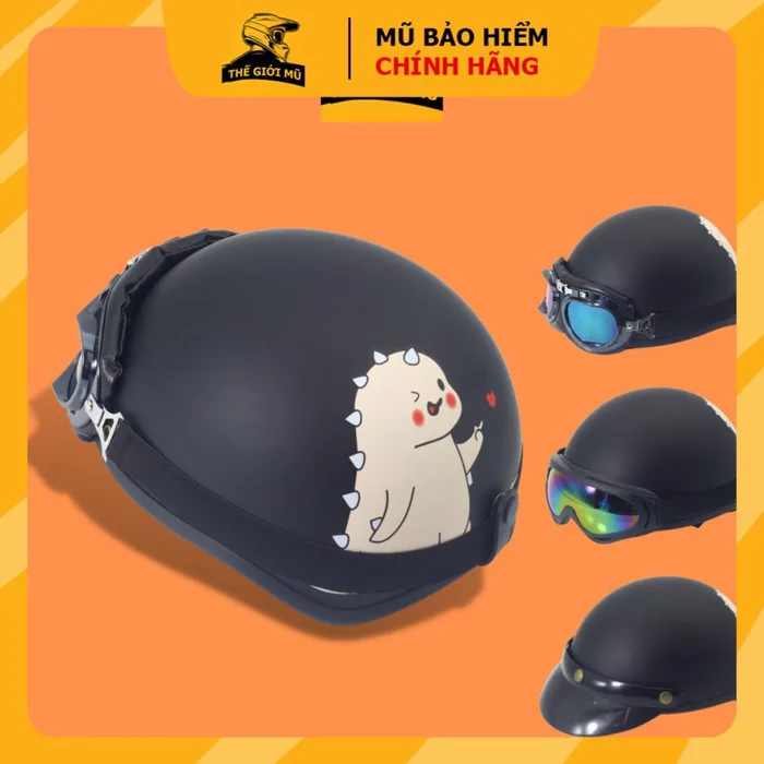 Mũ bảo hiểm nửa đầu in hình Khủng Long màu hồng,nón bảo hiểm thời trang  cute nhất,có kèm kính_thế giới nón.