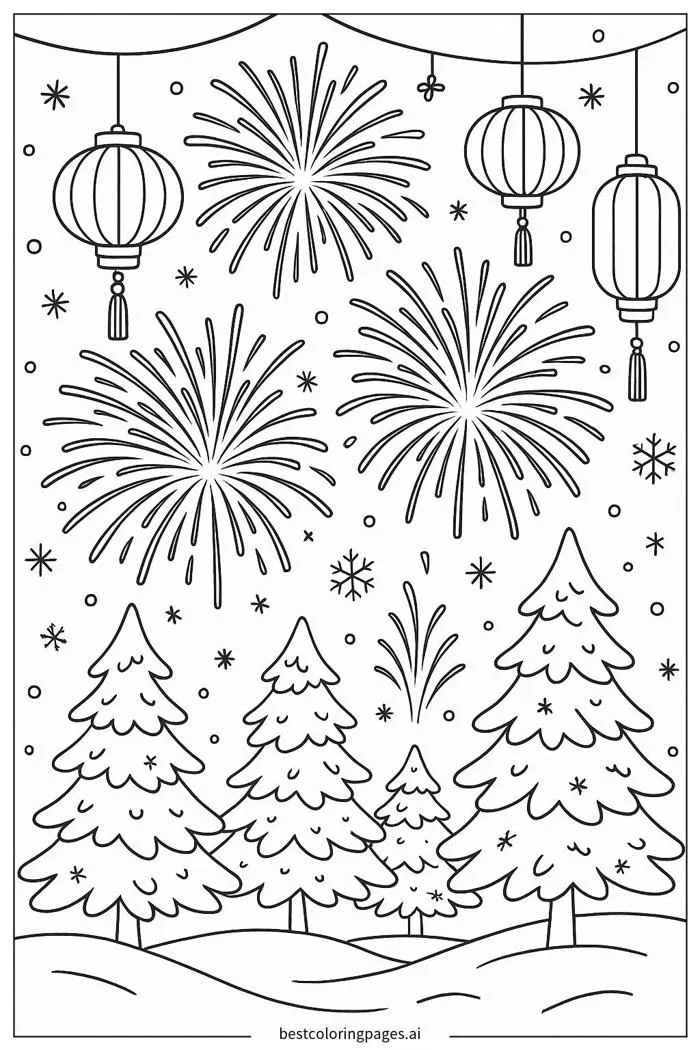 Lễ Hội Mùa Đông Với Pháo Hoa Và Đèn Lồng Trang tô màu - In miễn phí |  BestColoringPages AI