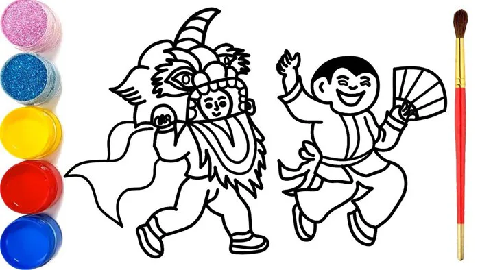 Vẽ tranh Tết trung thu và tô màu | Vẽ tranh múa sư tử | Mid-Autumn Festival  Drawing and Coloring