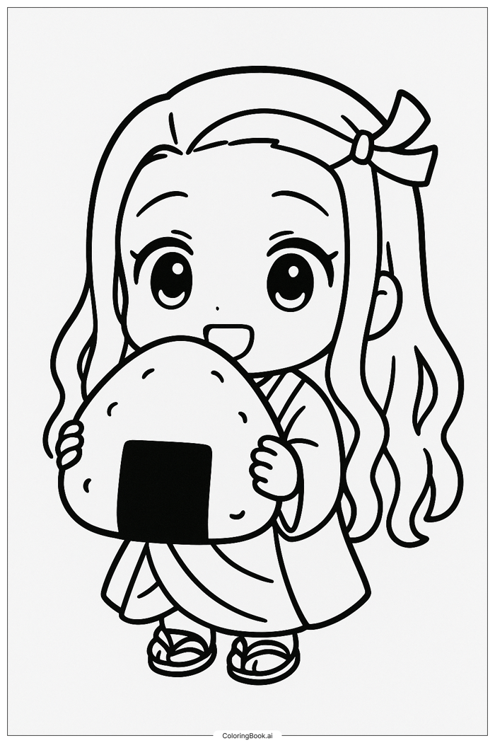 Trang Tô Màu Chibi Nezuko Cầm Viên Cơm (Có thể In Miễn Phí dưới định dạng  PDF & PNG)
