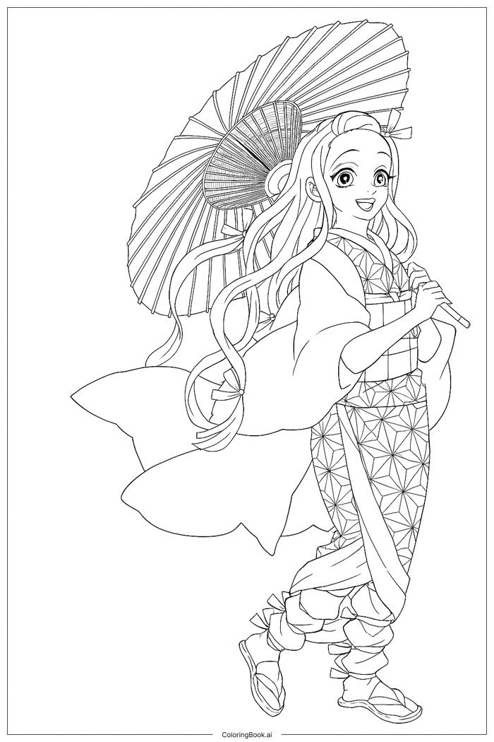 Trang Tô Màu Nezuko Cầm Cái Dù (Có thể In Miễn Phí dưới định dạng PDF & PNG)
