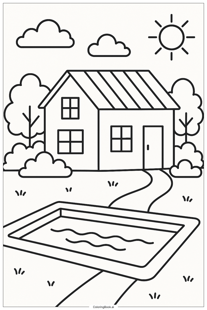 Trang Tô Màu Ngôi Nhà Có Hồ Bơi (Có thể In Miễn Phí dưới định dạng PDF &  PNG)