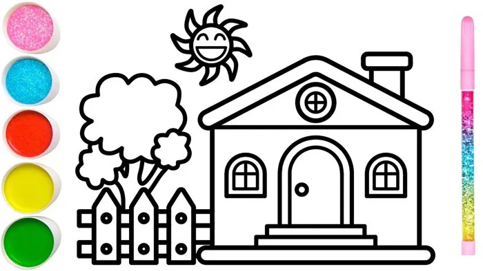 Vẽ ngôi nhà vườn cây đơn giản và tô màu cho bé | Dạy bé vẽ | Dạy bé tô màu  | Rumah Halaman Mewarnai