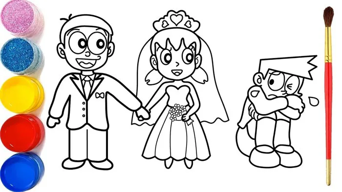 Draw Nobita and Shizuka Wedding | Vẽ Và tô Màu Đám Cưới Nobita và Shizuka |  Pernikahan Mewarnai