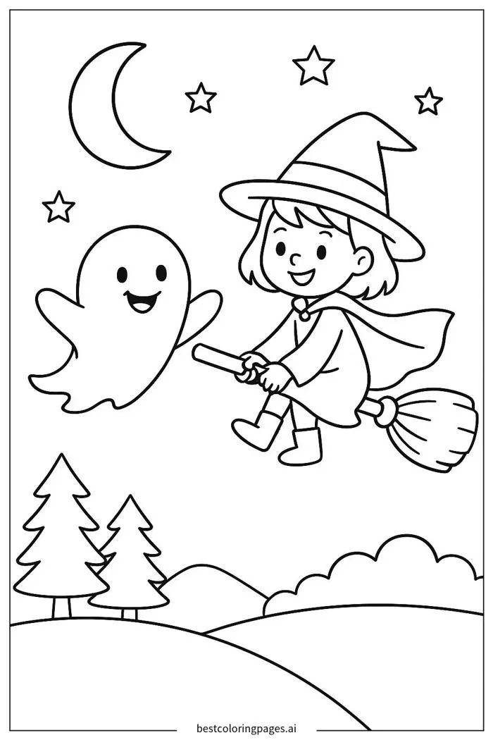 Ma bay cùng phù thủy Trang tô màu - In miễn phí | BestColoringPages AI