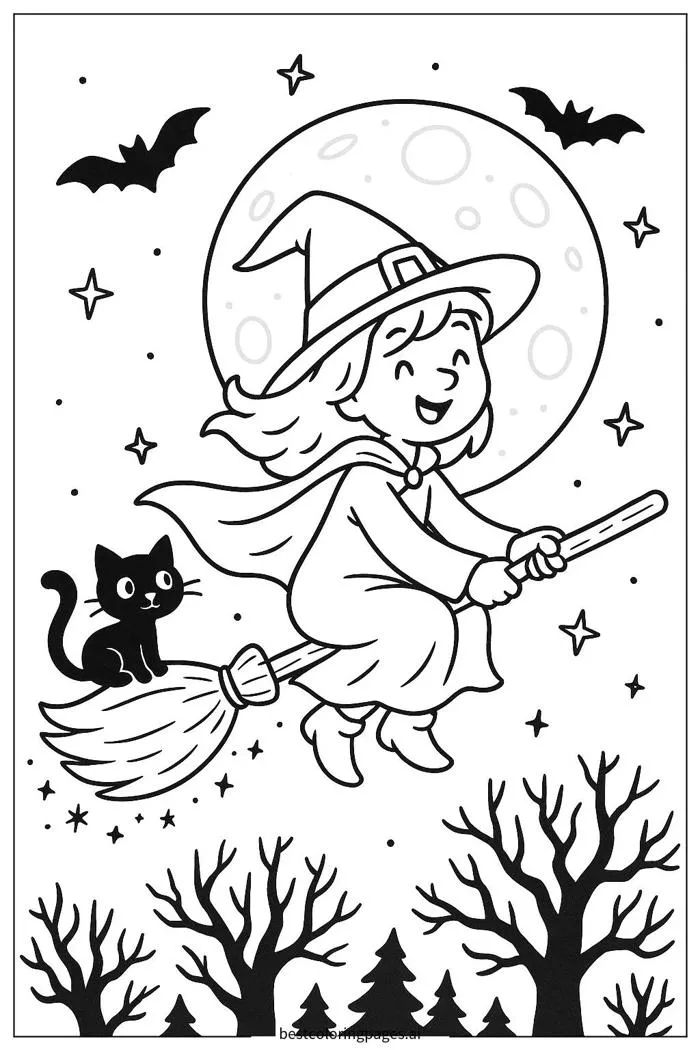 Phù thủy cưỡi chổi Trang tô màu - In miễn phí | BestColoringPages AI
