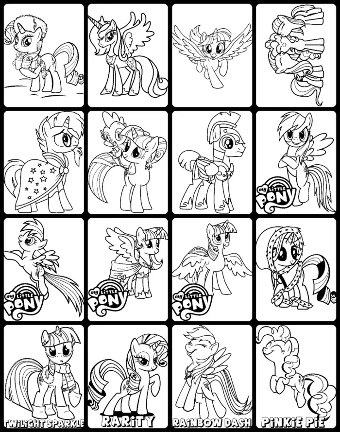 Tranh tô màu bé gái 40 tranh My Little Pony, giấy 250g, tô chì, sáp, dạ,  màu nước... các khổ A4-A5. Tặng bút sáp tô màu