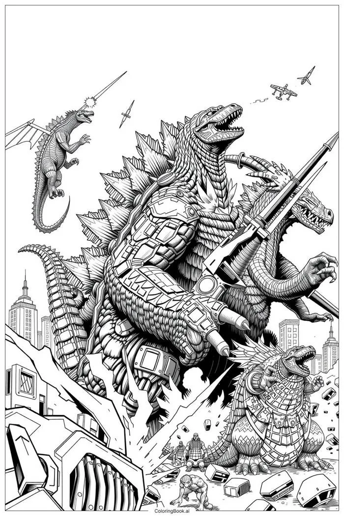 Trang Tô Màu godzilla nhiều quái vật chiến tranh-2 (Có thể In Miễn Phí dưới  định dạng PDF & PNG)