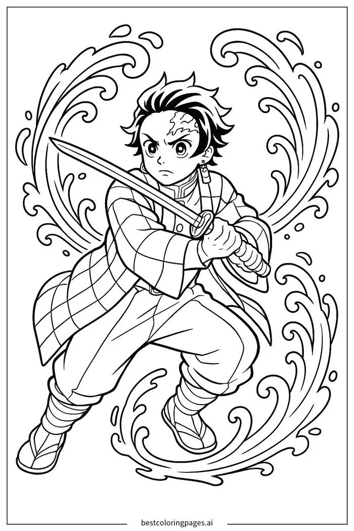 Tanjiro luyện thở nước Trang tô màu - In miễn phí | BestColoringPages AI