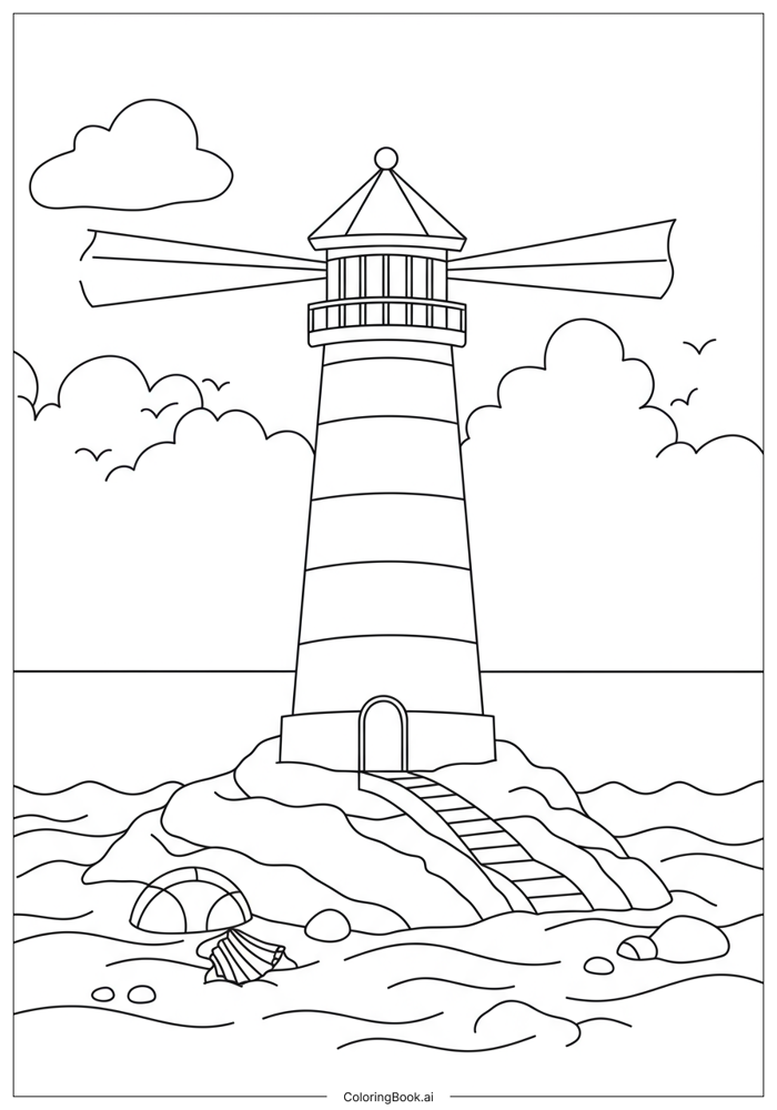 Trang Tô Màu Tháp Biển bên Bờ Biển (Có thể In Miễn Phí dưới định dạng PDF &  PNG)