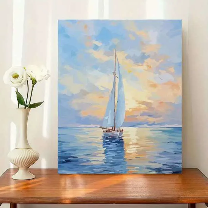 Sawg-căng khung-32*40/40*50cm/50-60cm-Tranh thuyền buồm trên biển-tranh tô  màu theo số --tranh số hoá--tranh tô màu