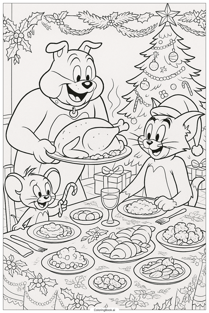 Trang Tô Màu Bữa Tiệc Giáng Sinh Của Tom Và Jerry Với Spike (Có thể In Miễn  Phí dưới định dạng PDF & PNG)