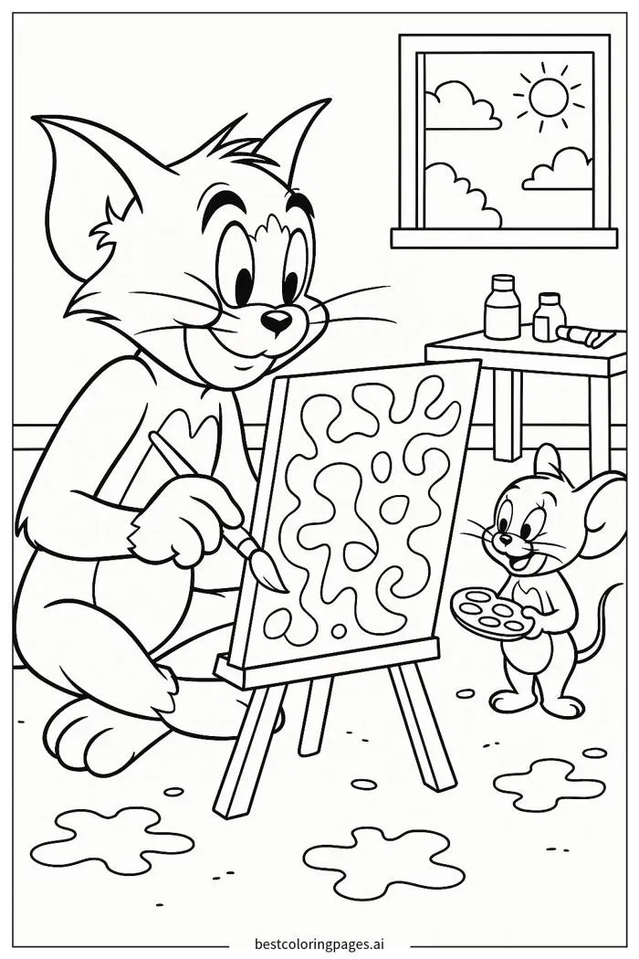 Tom vẽ tranh trong khi Jerry quan sát Trang tô màu - In miễn phí |  BestColoringPages AI