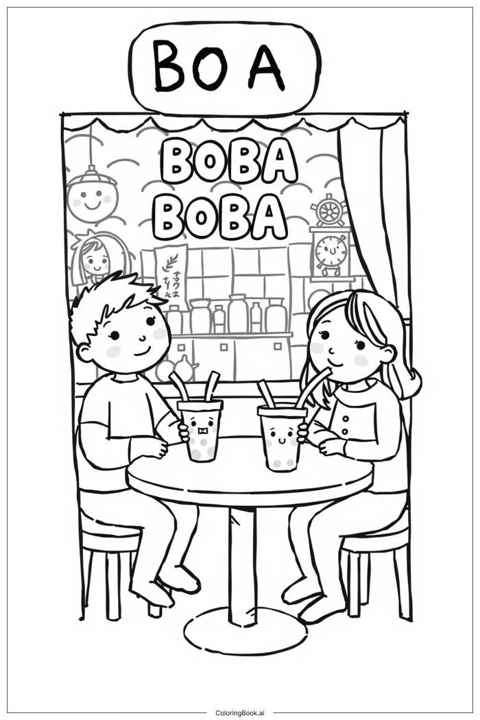 Trang Tô Màu Bạn bè tại quán trà sữa (Có thể In Miễn Phí dưới định dạng PDF  & PNG)