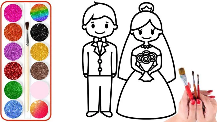 Vẽ và Tô Màu Cô Dâu Chú Rể xinh đẹp, Đồ chơi tô màu,Tranh tô màu cho Bé,  Coloring Bride and Groom