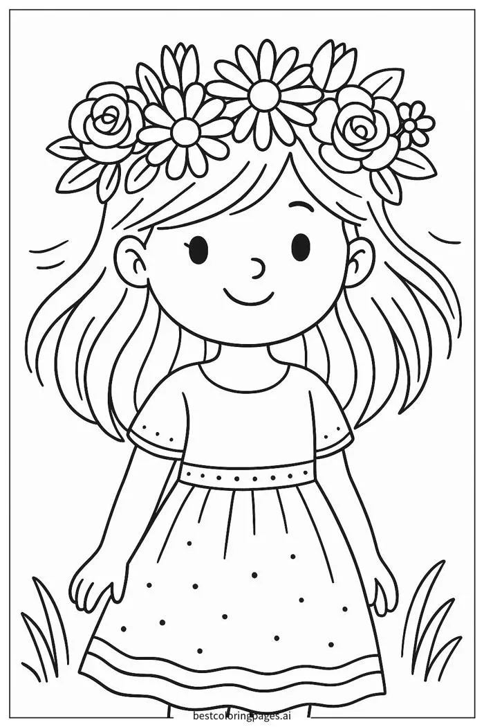 Vương miện hoa trên đầu cô bé Trang tô màu - In miễn phí |  BestColoringPages AI