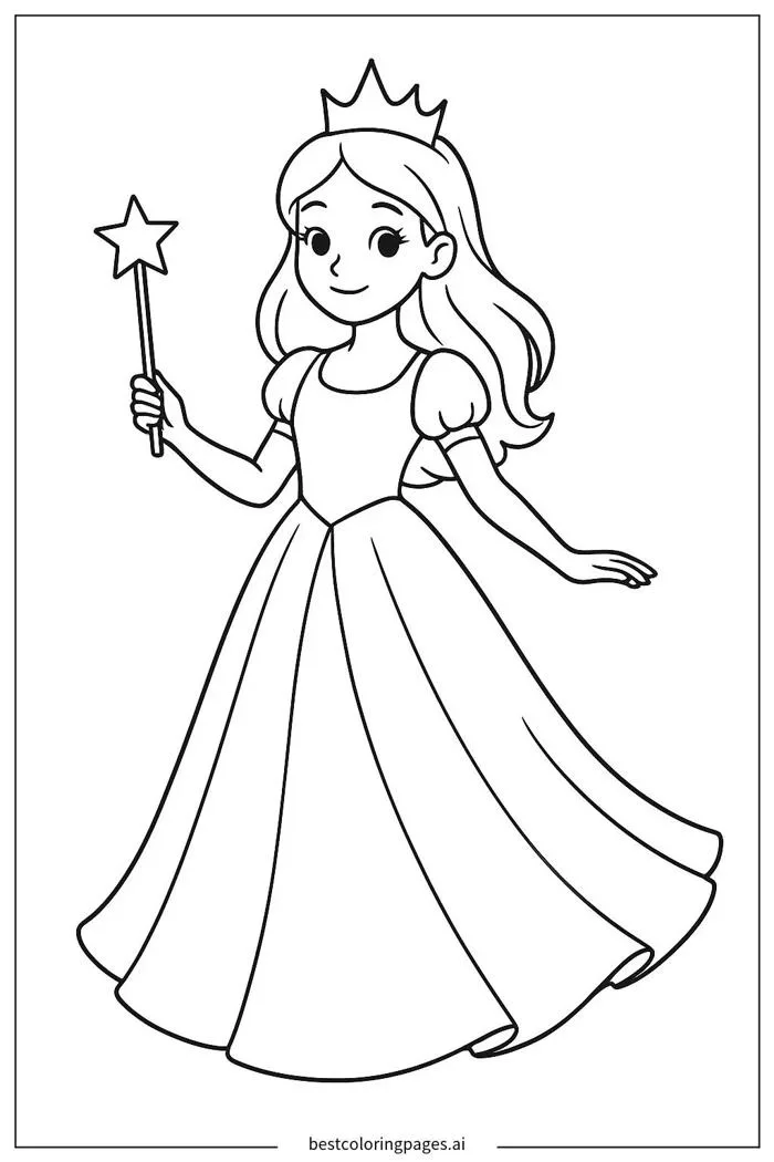 Công chúa đội vương miện và cầm cây đũa thần Trang tô màu - In miễn phí |  BestColoringPages AI