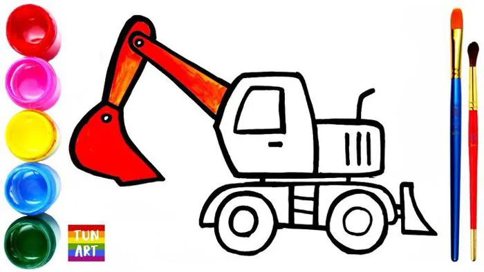 Drawing And Coloring Excavator | Vẽ Xe Máy Xúc Đơn Giản Và Tô Màu Cho Bé |  Tun Art