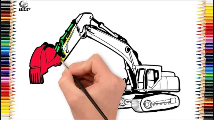 how to draw a excavator. vẽ và tô màu máy xúc khổng lồ