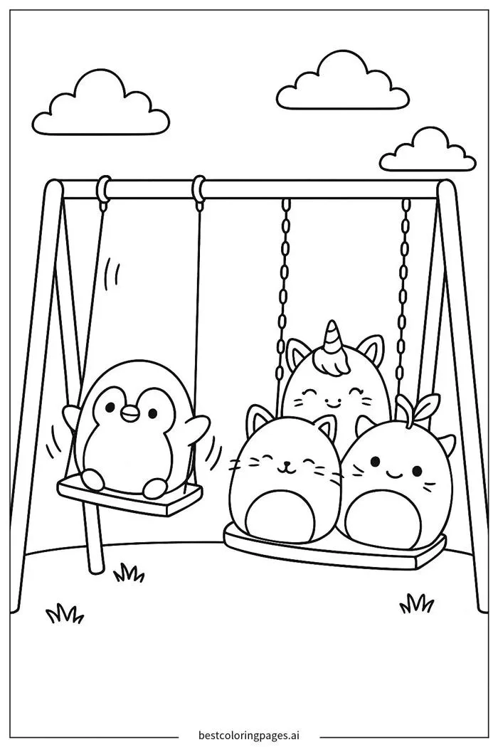 Squishmallows vui chơi trên xích đu Trang tô màu - In miễn phí |  BestColoringPages AI