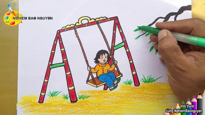Vẽ tranh Bé chơi xích đu/How to draw girl playing on swing