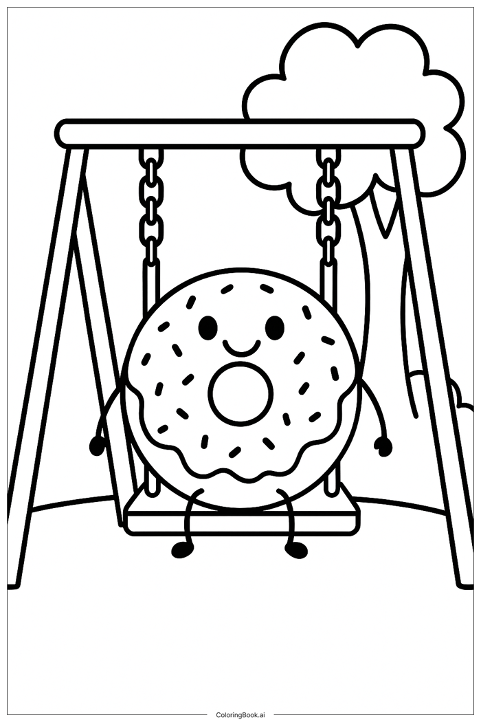 Trang Tô Màu Bánh donut trên xích đu trong công viên (Có thể In Miễn Phí  dưới định dạng PDF & PNG)